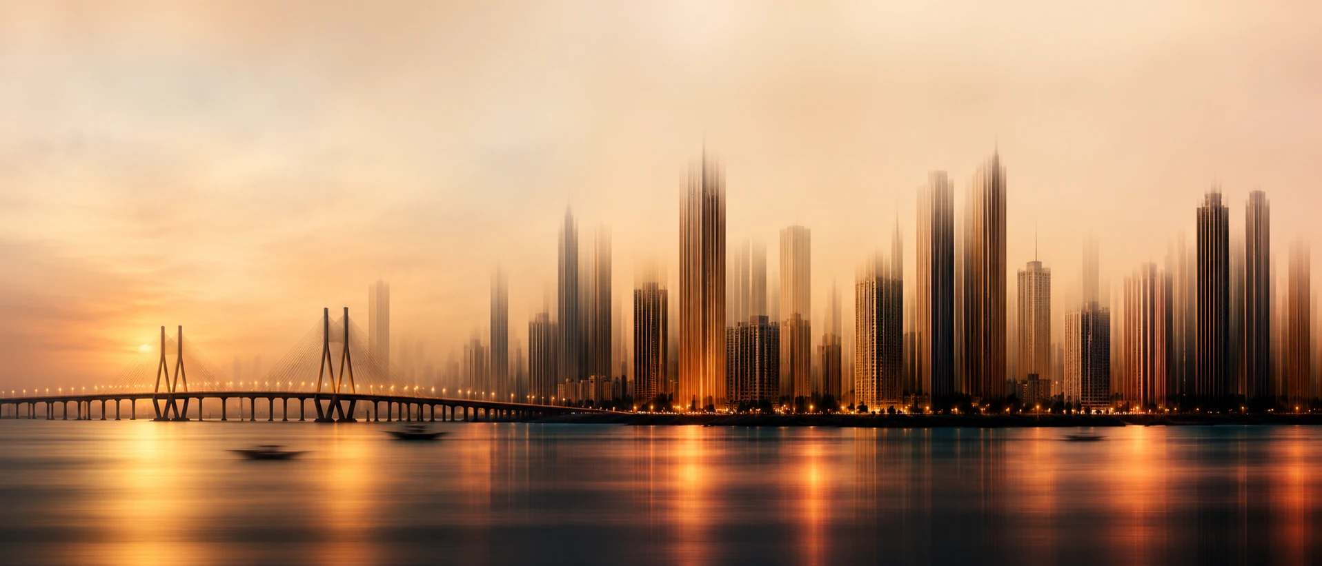 Mumbai skyline and the Sea Link at golden hour, towers dissolving into haze