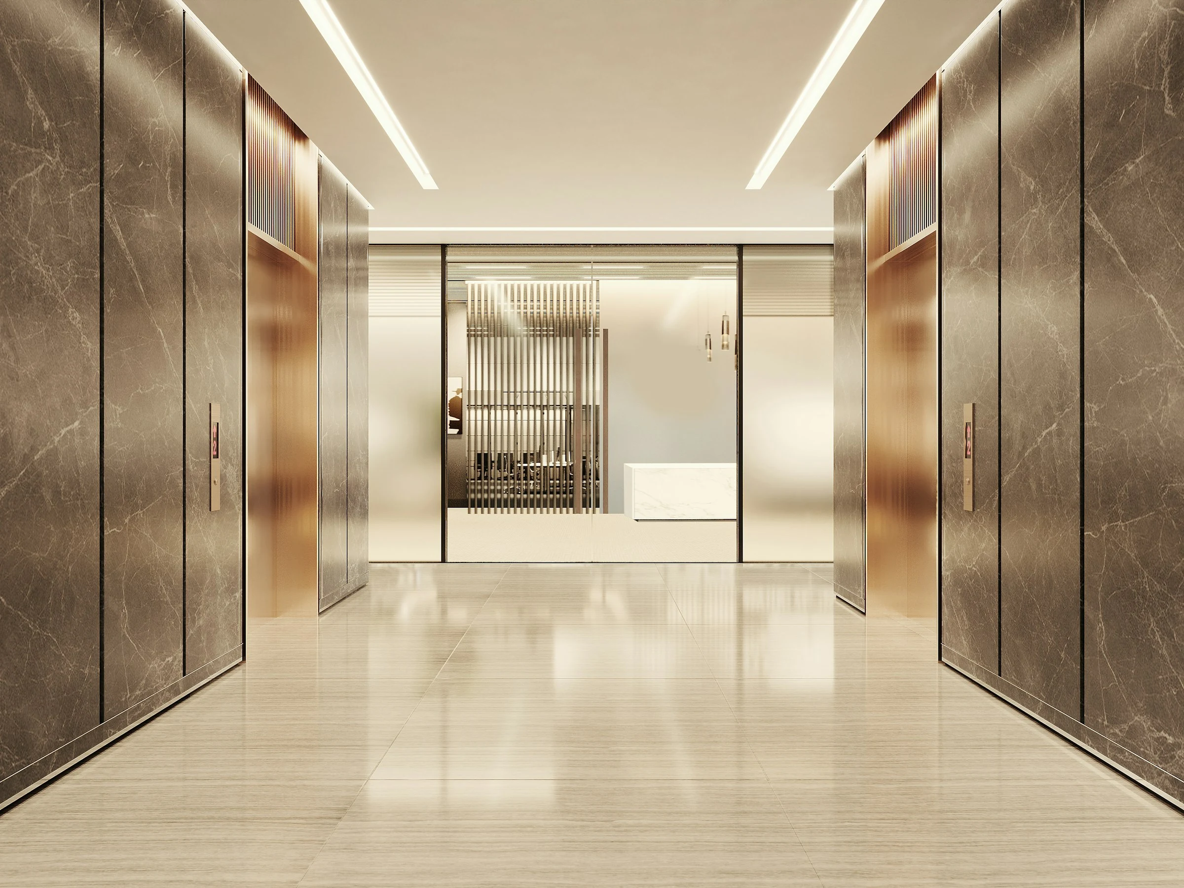 A marble lobby with linear lighting and glass doors