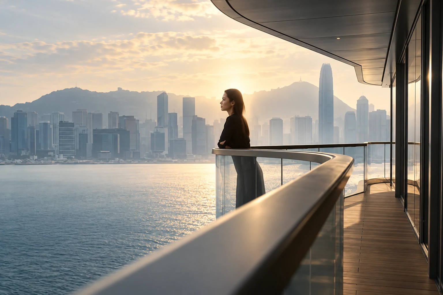A buyer on a sea-facing balcony at sunrise