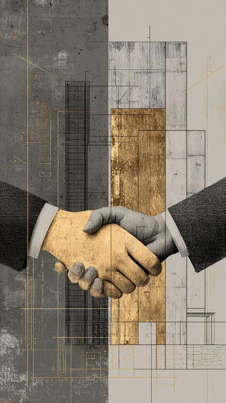 Editorial artwork of a deal closing against a tower elevation